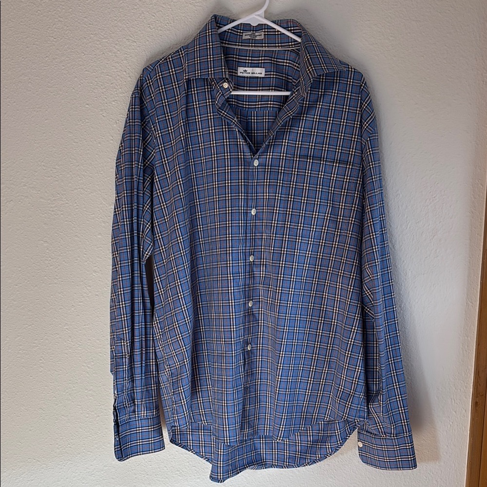 Peter Millar Men's Dress Shirt, Blue Red, White Plaid, Size Large